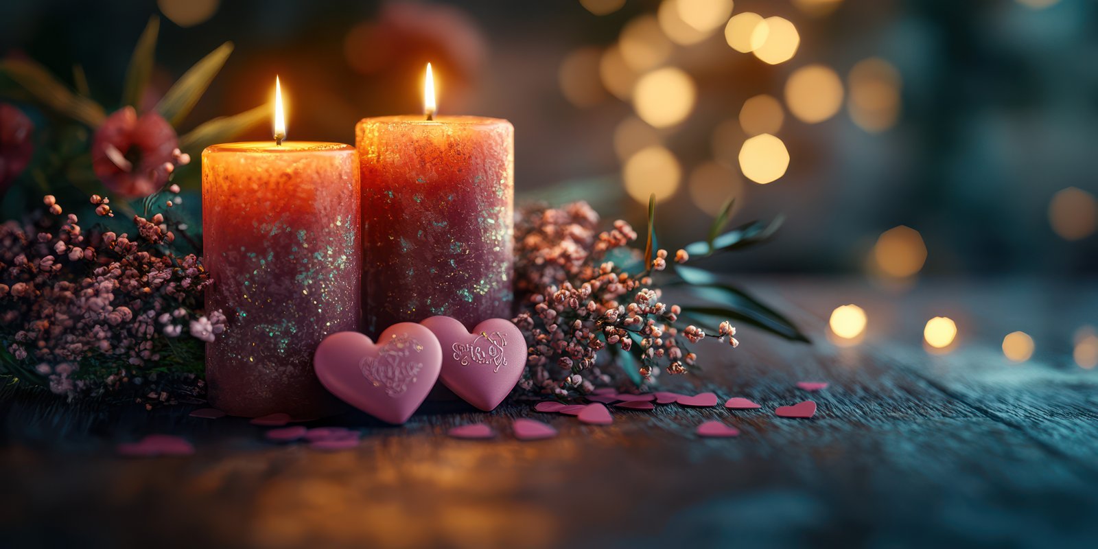 Romantic candle arrangement with flowers and heart-shaped decorations for a cozy evening setting